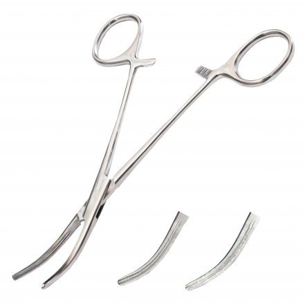 Затискач кровоспинний, з атравматичною насічкою, зігнутий. Довжина 16,0 см